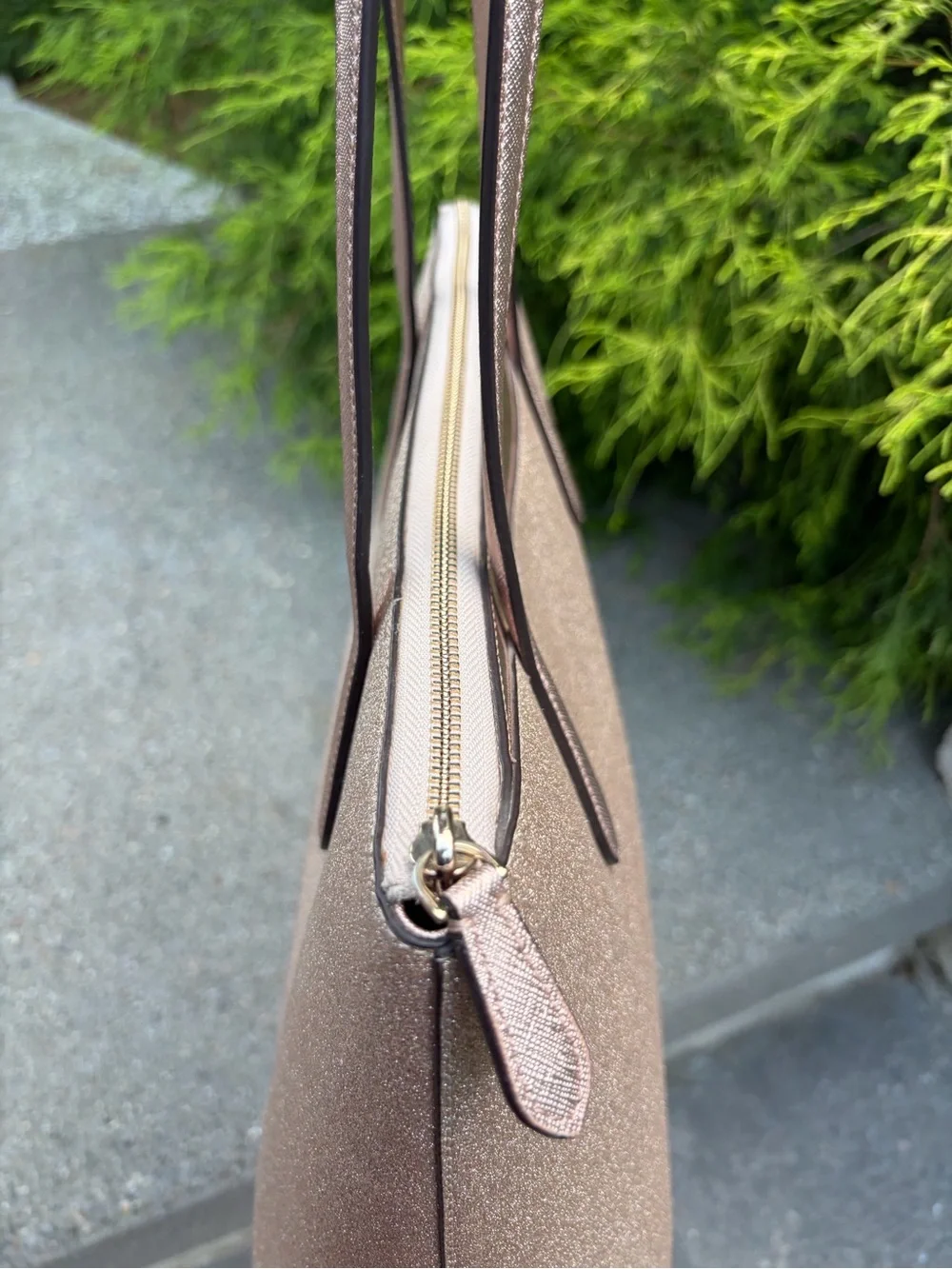 Kate Spade New York Rose Gold Glitter Zip Top Tote Shoulder Bag